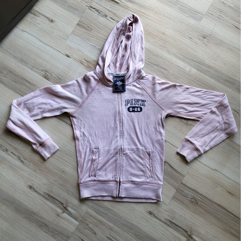Retired 2009 Love Pink Lightweight Zip Up Hoodie Cotton Blend Pale Pink Blue XS